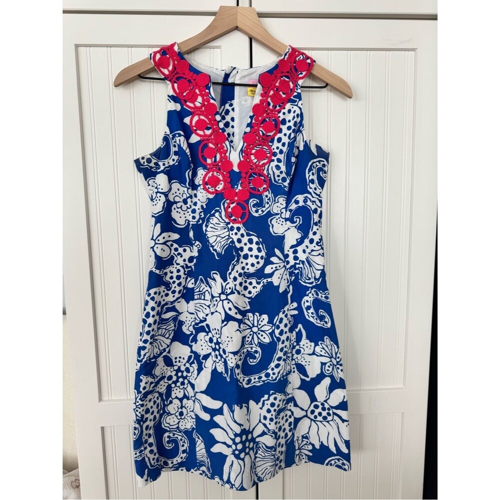 Lilly Pulitzer Blue and White Floral Mini Dress with Pink Trim - Size 0
